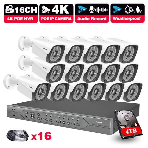16CH 4K NVR POE Ai Smart 8MP System CCTV Security Kit Motion Detection Microphone Audio Outdoor IP Camera Surveillance System