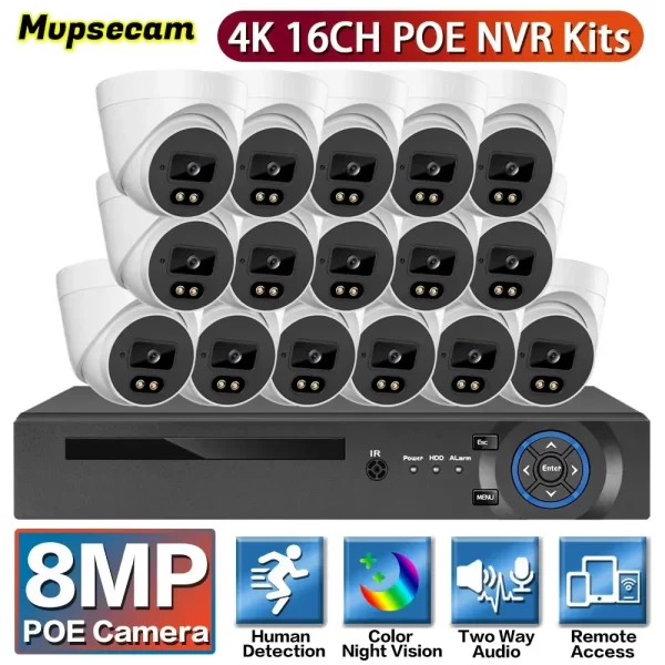 16CH 4K POE NVR System 8MP HD POE Security IP Camera Color Night Vision Human Detect Remote Access Smart Video Surveillance Kit