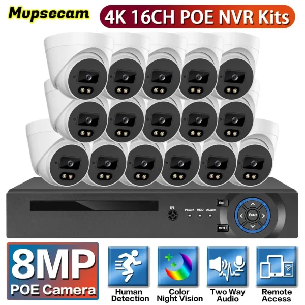 16CH 4K POE NVR System 8MP HD POE Security IP Camera Color Night Vision Human Detect 2 16CH 4K POE NVR System 8MP HD POE Security IP Camera Color Night Vision Human Detect Remote Access Smart Video Surveillance Kit