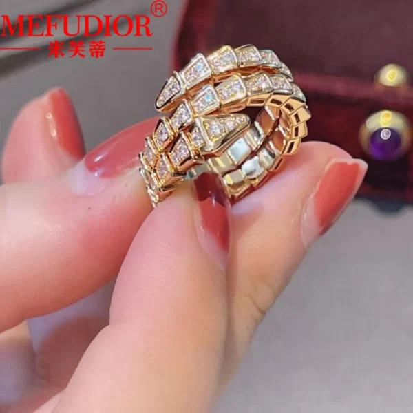 18K Real White Gold Rose Gold Three Cilcles Snake Bone Ring Natural Full Diamond Open Wedding 3 18K Real White Gold/Rose Gold Three Cilcles Snake Bone Ring Natural Full Diamond Open Wedding Bands Women's Luxury Jewelry Gift