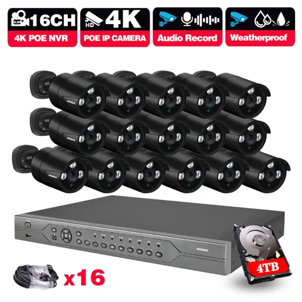 4K 8MP 16CH 8CH 4CH POE IP Supper HD NVR Kit With Audio Cctv System Outdoor Bullet Human Detection Video Surveillance Camera Set