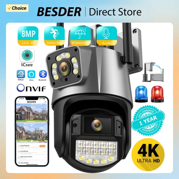 8MP 4K Wifi Camera Dual Lens Security Protection Waterproof Security CCTV Video Surveillance Camera Police Light Alarm IP Camera