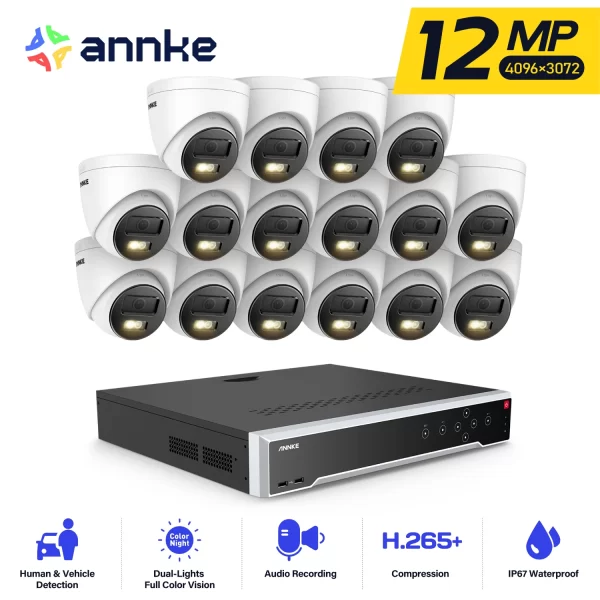 ANNKE 12MP Surveillance Camera Smart Dual Light Security 32CH H.265+ NVR With 16pcs 2.8mm lens Built-in mic IP67 POE Cameras