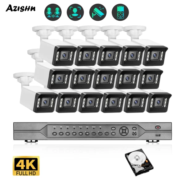 AZISHN Outdoor 8MP 4K POE Security IP Camera System Two Way Audio 8MP 16CH NVR Kit AZISHN Outdoor 8MP 4K POE Security IP Camera System Two Way Audio 8MP 16CH NVR Kit Smart AI Face Detect Video Surveillance Kit
