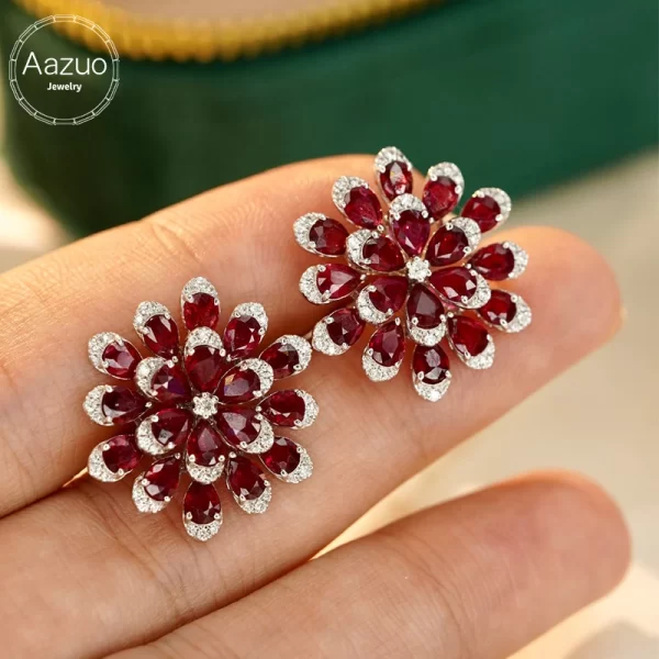Aazuo Luxury Real Jewelry 18K White Real Gold Natural Ruby Big Flower Stud Earrings Gifted for Women Engagement Wedding Party
