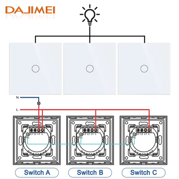 DAJIMEI 1 2 3 Gang 3 Way Stair Switch 3 Pcs EU Russia Multi control Light DAJIMEI 1/2/3 Gang 3 Way Stair Switch 3 Pcs EU Russia Multi-control Light Touch Switches Crystal Glass Panel Home Improvement