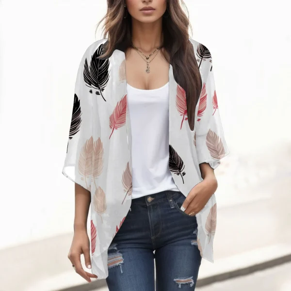 Floral Print Chiffon Cardigan Women's Puff Sleeve Loose Cover Up Oversized Female Casual T-shirt Blouse Fashion Tops Clothing - Image 2