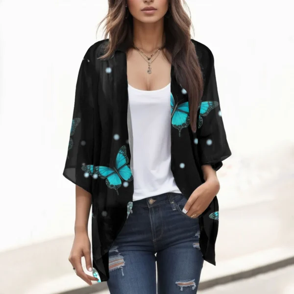 Floral Print Chiffon Cardigan Women's Puff Sleeve Loose Cover Up Oversized Female Casual T-shirt Blouse Fashion Tops Clothing - Image 3