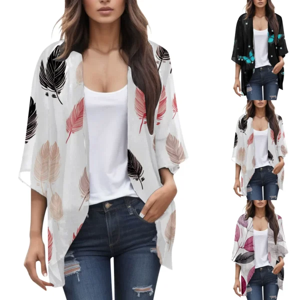 Floral Print Chiffon Cardigan Women's Puff Sleeve Loose Cover Up Oversized Female Casual T-shirt Blouse Fashion Tops Clothing - Image 4
