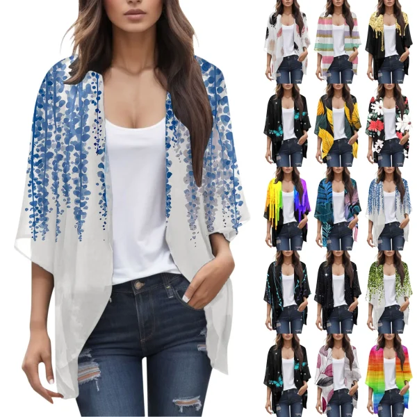 Floral Print Chiffon Cardigan Women's Puff Sleeve Loose Cover Up Oversized Female Casual T-shirt Blouse Fashion Tops Clothing - Image 6