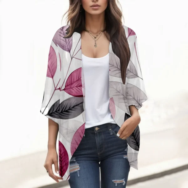 Floral Print Chiffon Cardigan Women's Puff Sleeve Loose Cover Up Oversized Female Casual T-shirt Blouse Fashion Tops Clothing