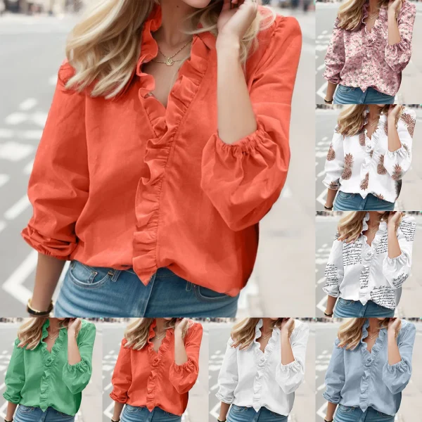 Green Blouse Women Chiffon Ruffles Solid Loose Fit Womens Tops And Blouses Casual V Neck Lantern Sleeve Plus Size Shirts Tunic - Image 2