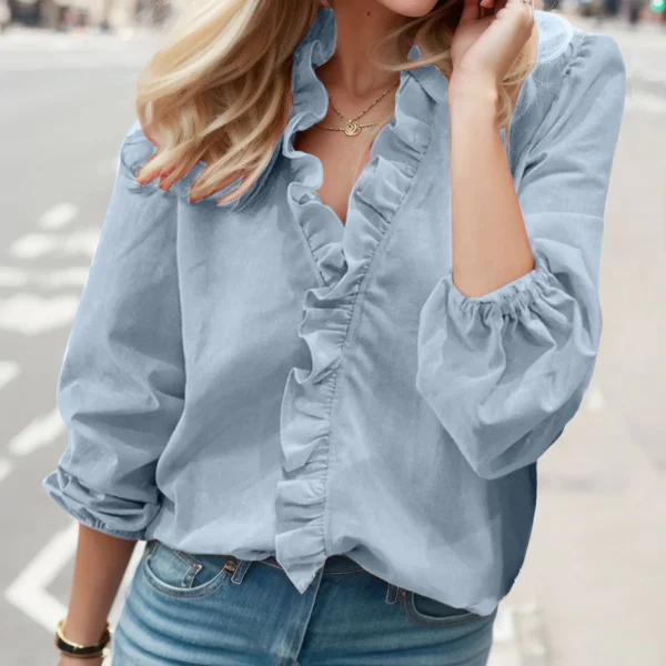 Green Blouse Women Chiffon Ruffles Solid Loose Fit Womens Tops And Blouses Casual V Neck Lantern Sleeve Plus Size Shirts Tunic - Image 4