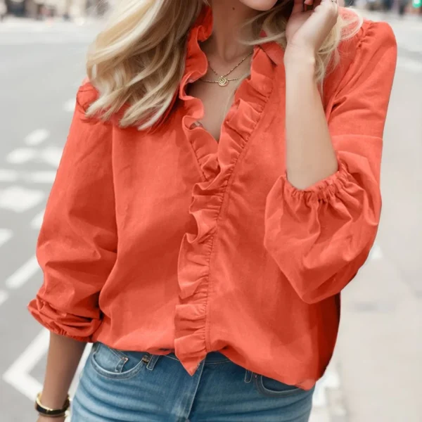 Green Blouse Women Chiffon Ruffles Solid Loose Fit Womens Tops And Blouses Casual V Neck Lantern Sleeve Plus Size Shirts Tunic - Image 6