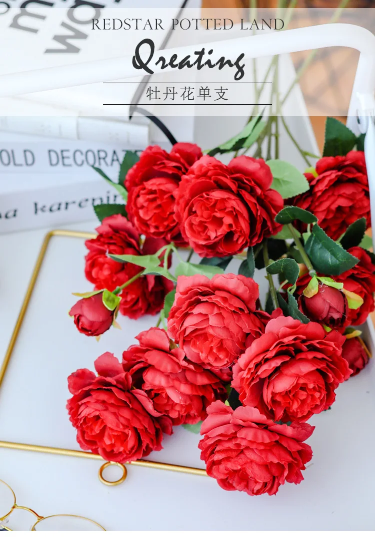 H9e839afd22324ca7b6f466c593ed494fX 3 Heads Fake Peony Vases for Home Decoration Accessories Wedding Decorative Flowers Scrapbooking Garden Household Products