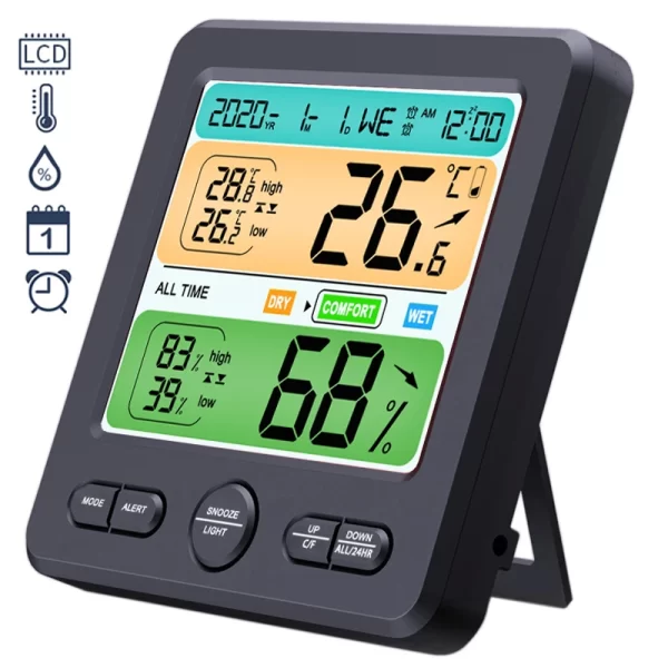 Home Indoor Temperature Humidity Meter LCD Display Backlight Digital Thermometer Hygrometer With Alarm Clock Calendar Function