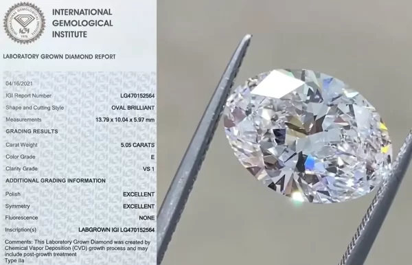 IGI Certificate Oval Shape Lab Grown Diamonds CVD HPHT Loose Diamond VS1 DE EX VG 5ct