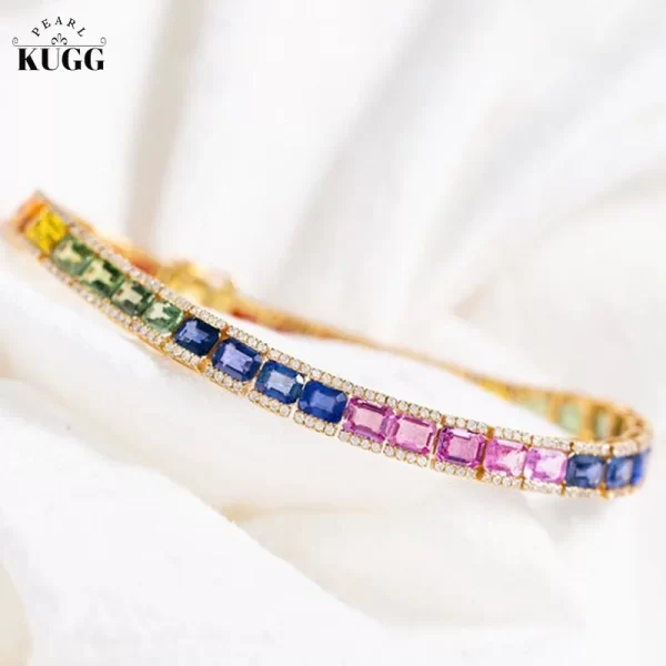 KUGG 18K Rose Gold Bracelet Real Natural Aquamarine Luxury Rianbow Shape Shiny Diamond Jewelry for Women Engagement Party