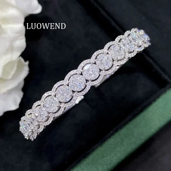LUOWEND 100% 18K White Gold Bangle Luck Copper Coin Design 3.85carat Real Natural Diamond Bangle for Women High Party Jewelry