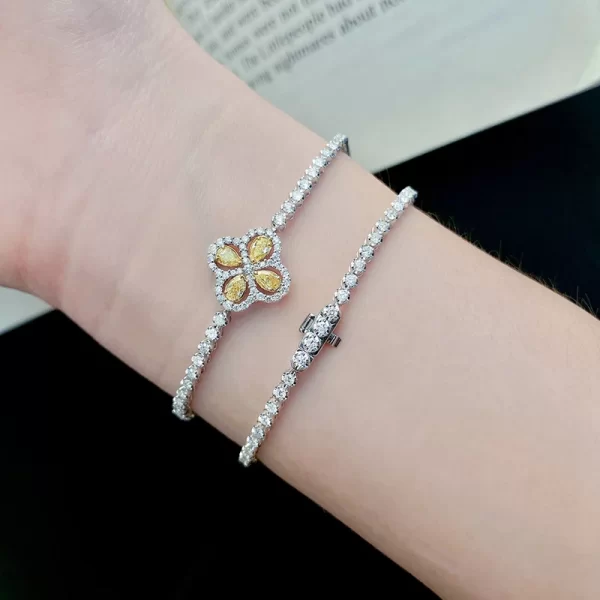 LUOWEND 18K White Gold Bracelet Real Natural Yellow Diamond Bracelet for Women Party Jewelry Luck Clover Design High Jewelry - Image 6