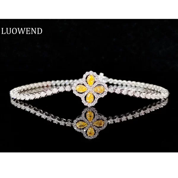 LUOWEND 18K White Gold Bracelet Real Natural Yellow Diamond Bracelet for Women Party Jewelry Luck Clover Design High Jewelry