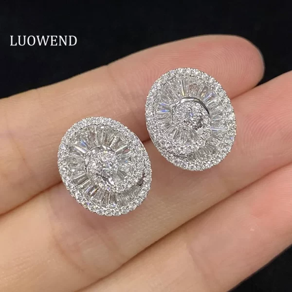LUOWEND 18K White Gold Earrings Fashion Spiral Design Real Natural Diamond Stud Earrings for Women Wedding High Party Jewelry
