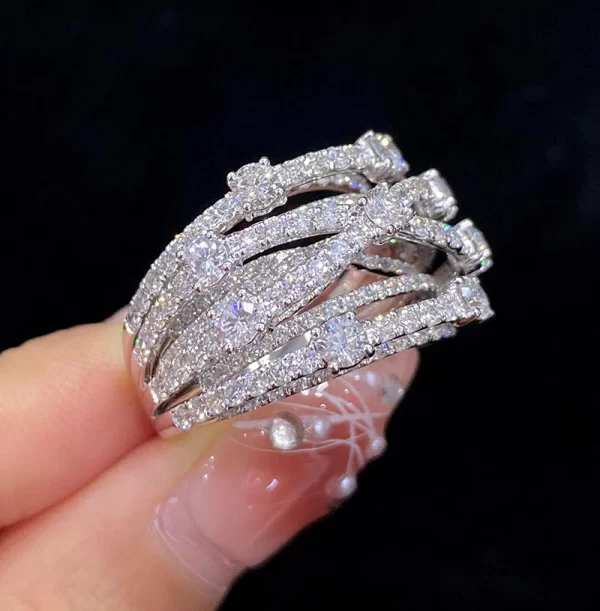 LUOWEND 18K White Gold Rings Creative Multi-Layer Cross Design Real Natural Diamond Ring for Women Senior Banquet High Jewelry - Image 2