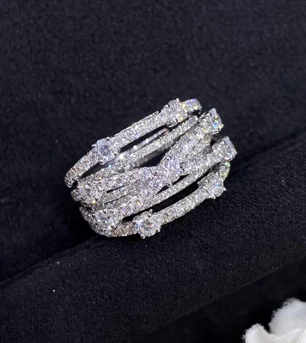 LUOWEND 18K White Gold Rings Creative Multi-Layer Cross Design Real Natural Diamond Ring for Women Senior Banquet High Jewelry - Image 3