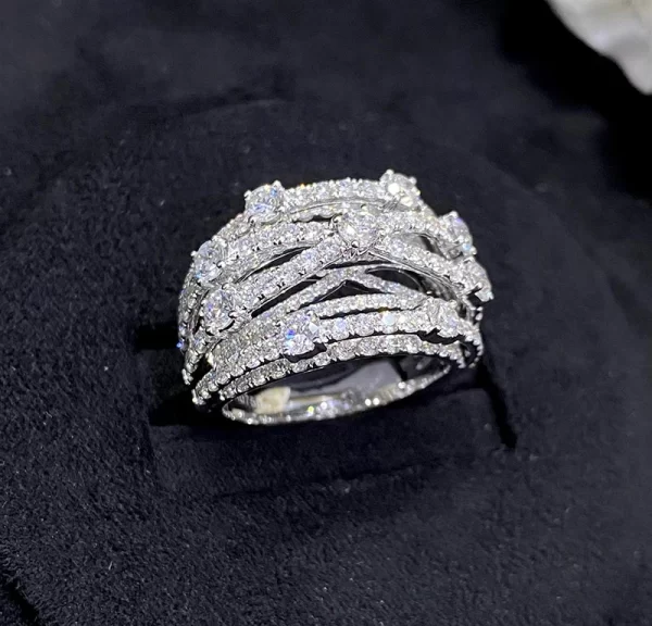 LUOWEND 18K White Gold Rings Creative Multi-Layer Cross Design Real Natural Diamond Ring for Women Senior Banquet High Jewelry - Image 5
