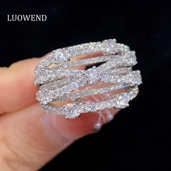 LUOWEND 18K White Gold Rings Creative Multi-Layer Cross Design Real Natural Diamond Ring for Women Senior Banquet High Jewelry