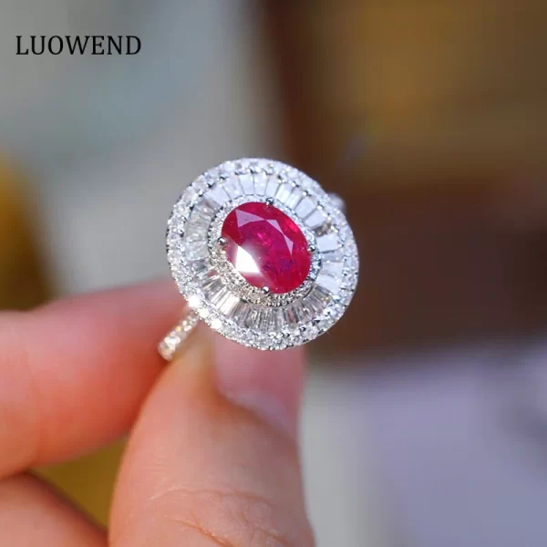 LUOWEND 18K White Gold Rings Luxury Oval Design Natural Ruby Real Diamond Engagement Ring for Women High Wedding Jewelry