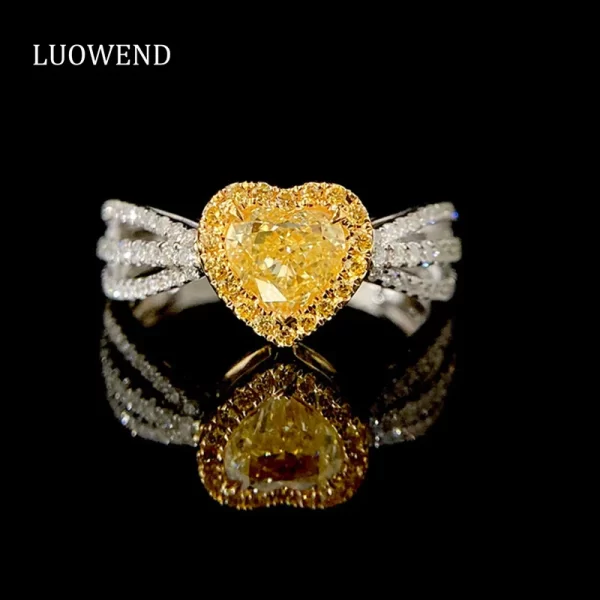 LUOWEND 18K White Gold Rings Romantic Heart Design Real Natural Yellow Diamond Engagement Ring for Women High Wedding Jewelry