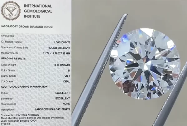 Lab Grown Diamonds CVD Loose VS1 DE 3EX 6.0ct