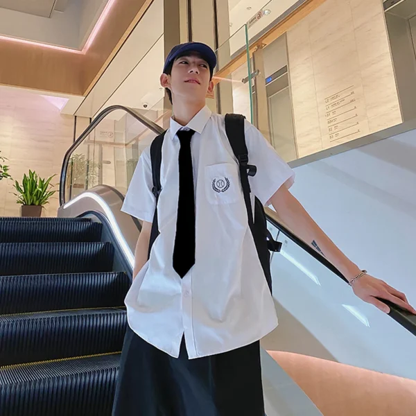 Men Short Sleeve Shirt with Tie Spring Summer Thin Summer Coat Blouse - Image 2