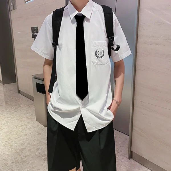 Men Short Sleeve Shirt with Tie Spring Summer Thin Summer Coat Blouse - Image 4
