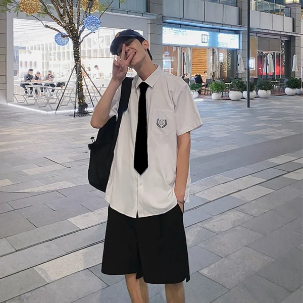 Men Short Sleeve Shirt with Tie Spring Summer Thin Summer Coat Blouse - Image 5