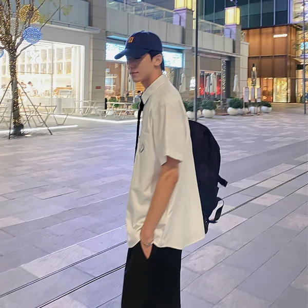 Men Short Sleeve Shirt with Tie Spring Summer Thin Summer Coat Blouse