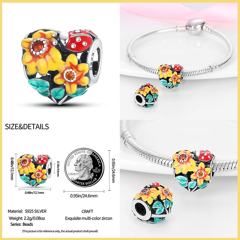 New 925 Sterling Silver Fashion Golden Sunflowers Heart Charms Beads Fit Pandora 925 Original Bracelets Luxury Party DIY Jewelry 2 New 925 Sterling Silver Fashion Golden Sunflowers Heart Charms Beads Fit Pandora 925 Original Bracelets Luxury Party DIY Jewelry - Image 2