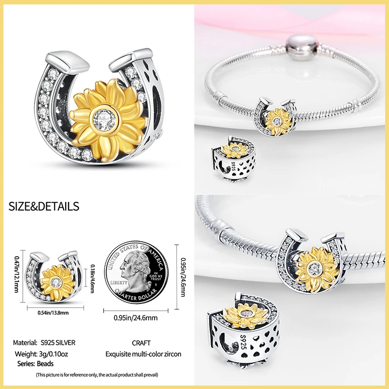 New 925 Sterling Silver Fashion Golden Sunflowers Heart Charms Beads Fit Pandora 925 Original Bracelets Luxury Party DIY Jewelry 3 New 925 Sterling Silver Fashion Golden Sunflowers Heart Charms Beads Fit Pandora 925 Original Bracelets Luxury Party DIY Jewelry - Image 3