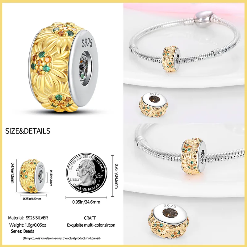 New 925 Sterling Silver Fashion Golden Sunflowers Heart Charms Beads Fit Pandora 925 Original Bracelets Luxury Party DIY Jewelry 4 New 925 Sterling Silver Fashion Golden Sunflowers Heart Charms Beads Fit Pandora 925 Original Bracelets Luxury Party DIY Jewelry - Image 4