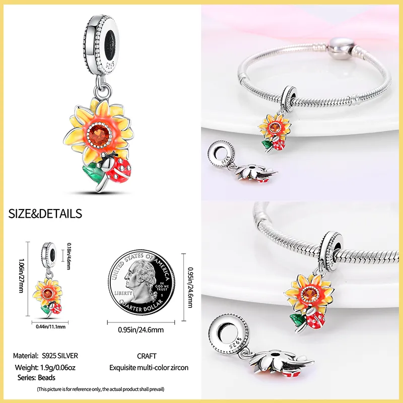 New 925 Sterling Silver Fashion Golden Sunflowers Heart Charms Beads Fit Pandora 925 Original Bracelets Luxury Party DIY Jewelry 5 New 925 Sterling Silver Fashion Golden Sunflowers Heart Charms Beads Fit Pandora 925 Original Bracelets Luxury Party DIY Jewelry - Image 5