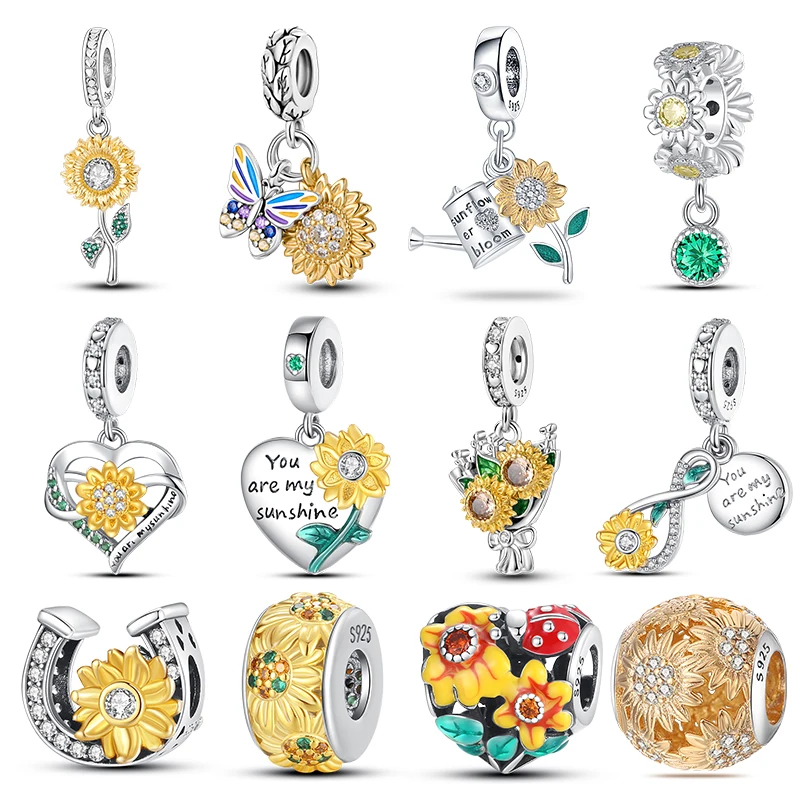 New 925 Sterling Silver Fashion Golden Sunflowers Heart Charms Beads Fit Pandora 925 Original Bracelets Luxury Party DIY Jewelry 1 New 925 Sterling Silver Fashion Golden Sunflowers Heart Charms Beads Fit Pandora 925 Original Bracelets Luxury Party DIY Jewelry
