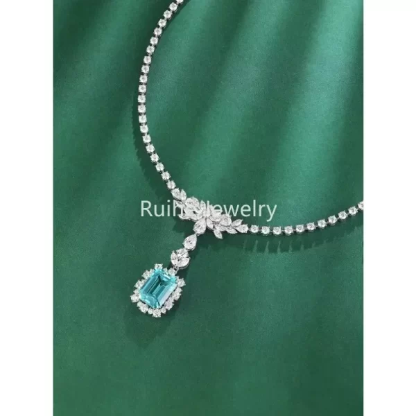 Ruihe 925 Silver Necklace for Women 15.56ct Emerald Cut Lab Grown Paraiba Gems Simulated Diamond Zirconia Jewelry Gift Wedding
