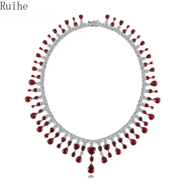 Ruihe Luxury Custom Design New 925 Silver Fashion Necklace 93.75ct Lab Grown Ruby Fashion Jewelry Women Christmas Wedding Gifts