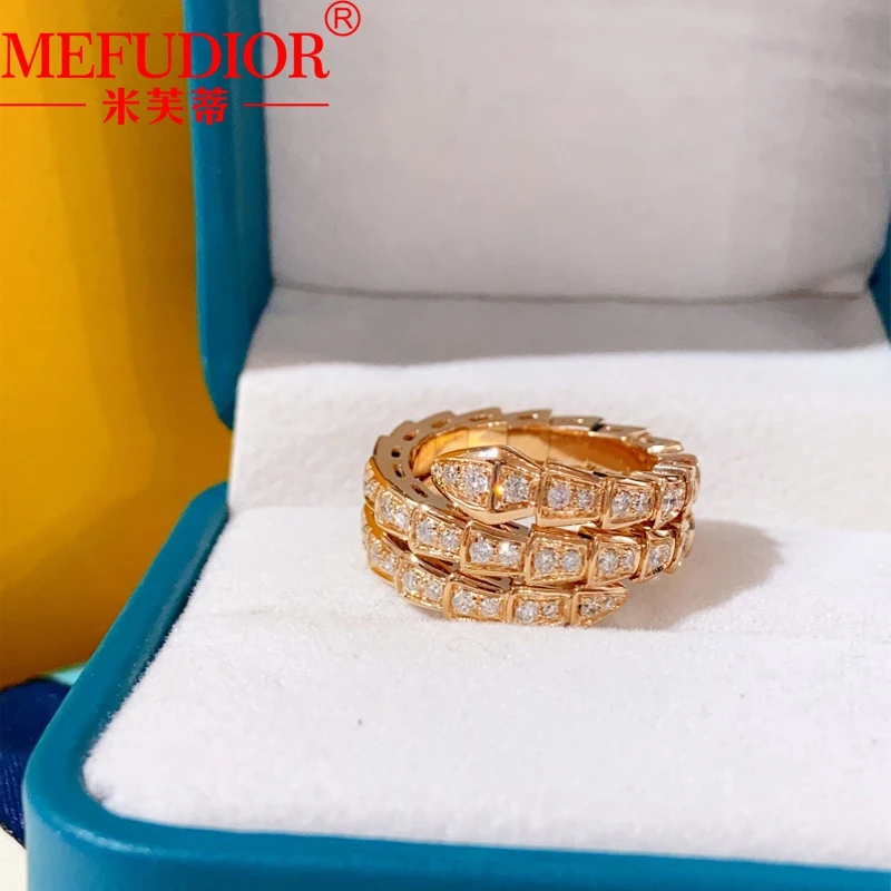 S03582718b43f4d059b4941525bfabb594 18K Real White Gold/Rose Gold Three Cilcles Snake Bone Ring Natural Full Diamond Open Wedding Bands Women's Luxury Jewelry Gift