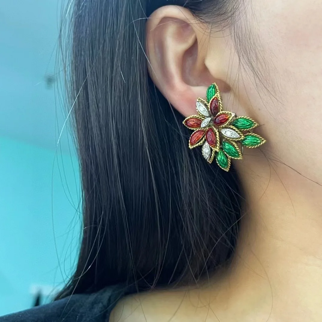 S05211e1c20fb4248afe59c746e1fff72J antique jewelry colour enamels clip earring leaf 18K gold 33*25MM fine women jewelry free shipping