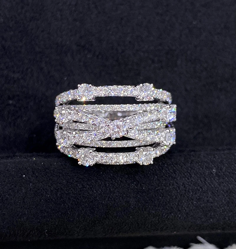S071faf2793fa413b8a61a9d9a218f4ffg LUOWEND 18K White Gold Rings Creative Multi-Layer Cross Design Real Natural Diamond Ring for Women Senior Banquet High Jewelry