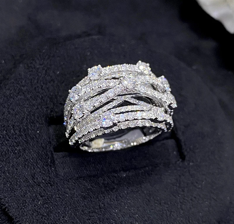 S08927668965e4d3c9859ffbbea949ac4i LUOWEND 18K White Gold Rings Creative Multi-Layer Cross Design Real Natural Diamond Ring for Women Senior Banquet High Jewelry