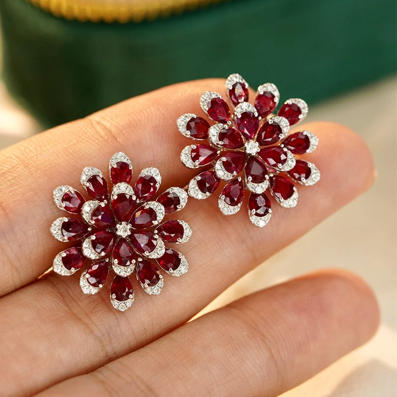 S08b4c1c0a26a4a6f948dd835bd28af3bM Aazuo Luxury Real Jewelry 18K White Real Gold Natural Ruby Big Flower Stud Earrings Gifted for Women Engagement Wedding Party