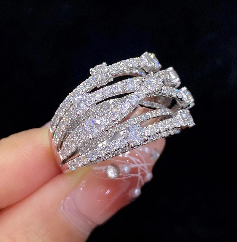 S0aff279426214d88a4120f539d0008e9j LUOWEND 18K White Gold Rings Creative Multi-Layer Cross Design Real Natural Diamond Ring for Women Senior Banquet High Jewelry